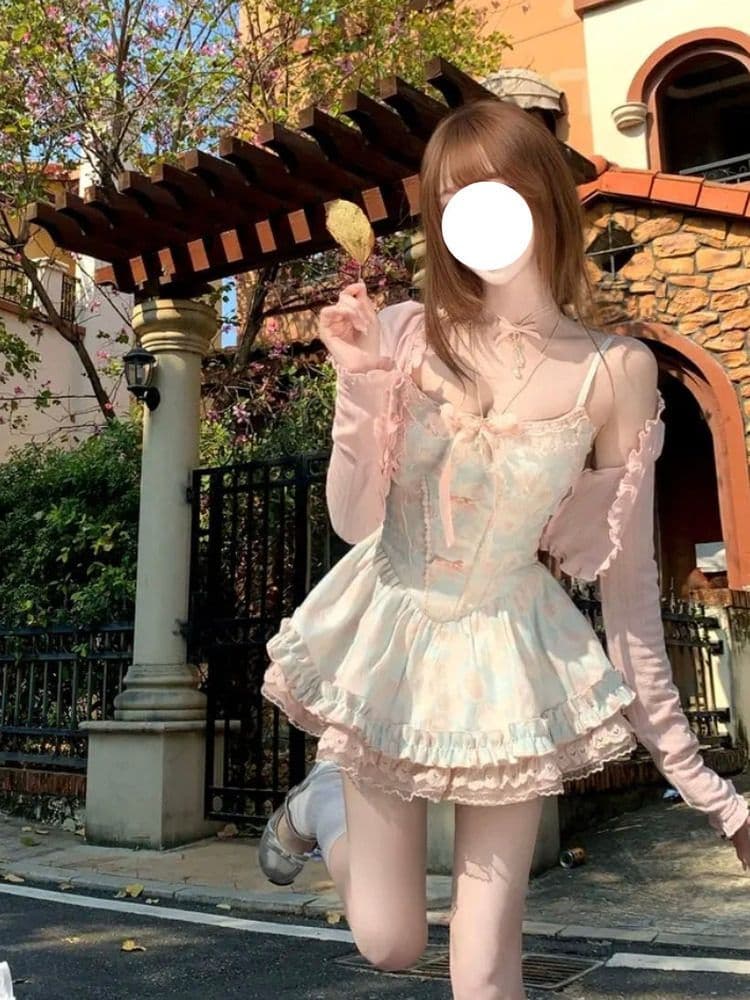 봄 여름 새로운 한국 스타일 출퇴근 귀여운 달콤한 스타일 외부 가져 가라. 로리타 외국 가스 부드러운 드레스 두 조각 여성 세트 상세 이미지 17