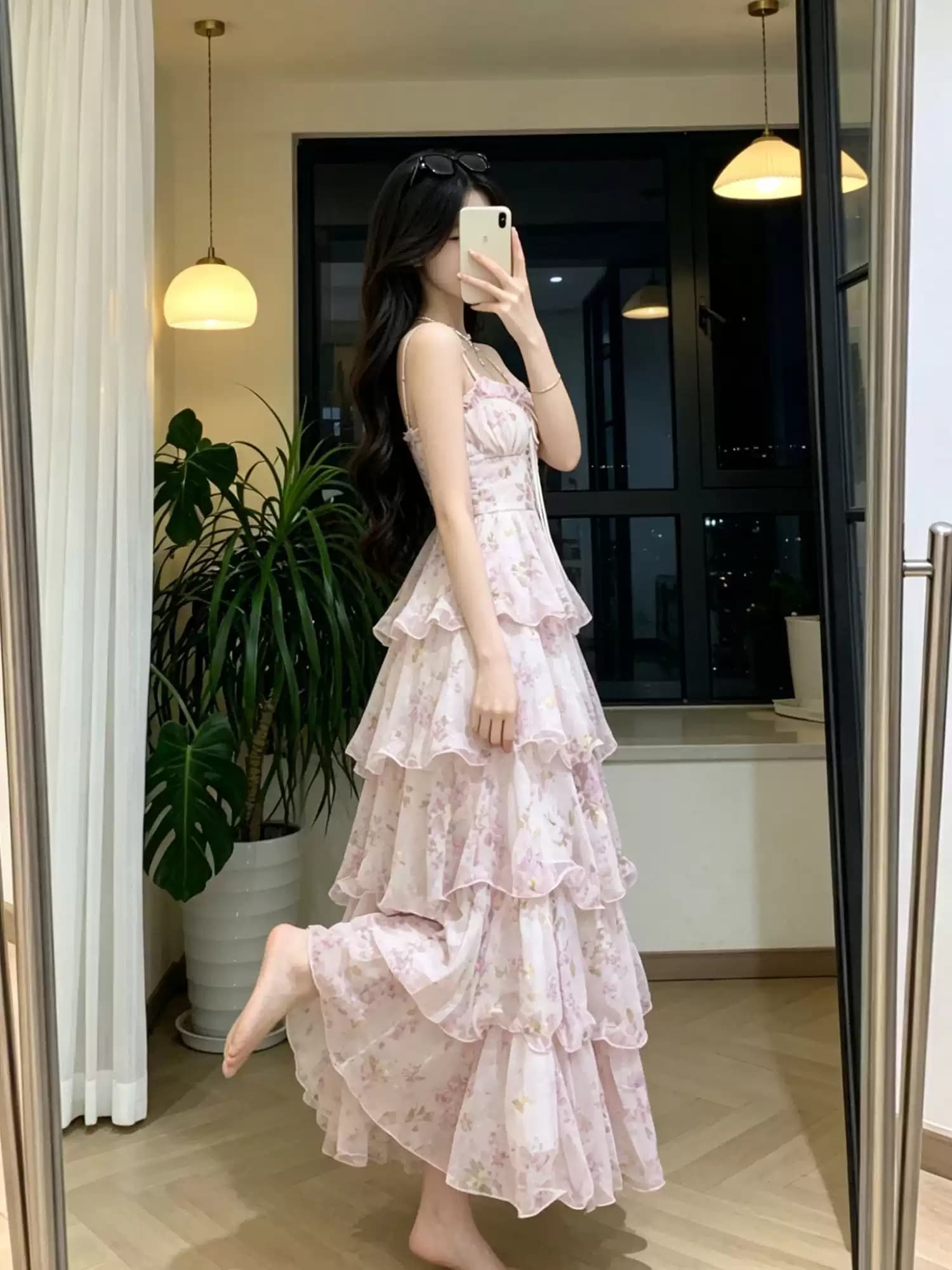 고급 휴가 바람 수달 얕은 꿈 여름 새로운 프랑스식 꽃무늬 슬립 드레스 프린트 스트랩 허리 수축 다중 레이어 롱 스커트 이미지 2