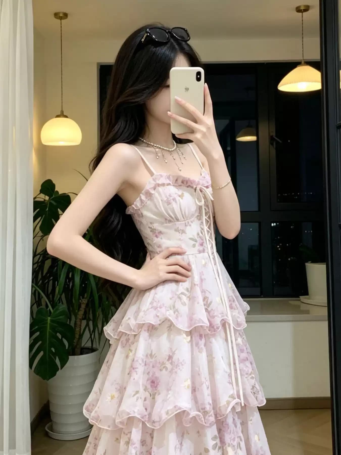 고급 휴가 바람 수달 얕은 꿈 여름 새로운 프랑스식 꽃무늬 슬립 드레스 프린트 스트랩 허리 수축 다중 레이어 롱 스커트 상세 이미지 3