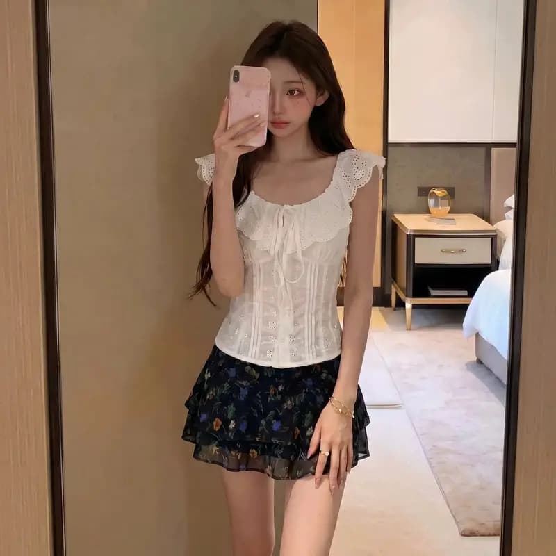 한 부서 달콤함 레이스 민소매 작은 셔츠 면직물 자수 펌프 Pleat 허리 수축 오프숄더 레이스업 슬림해 보이는 작은 키 조끼 상세 이미지 17