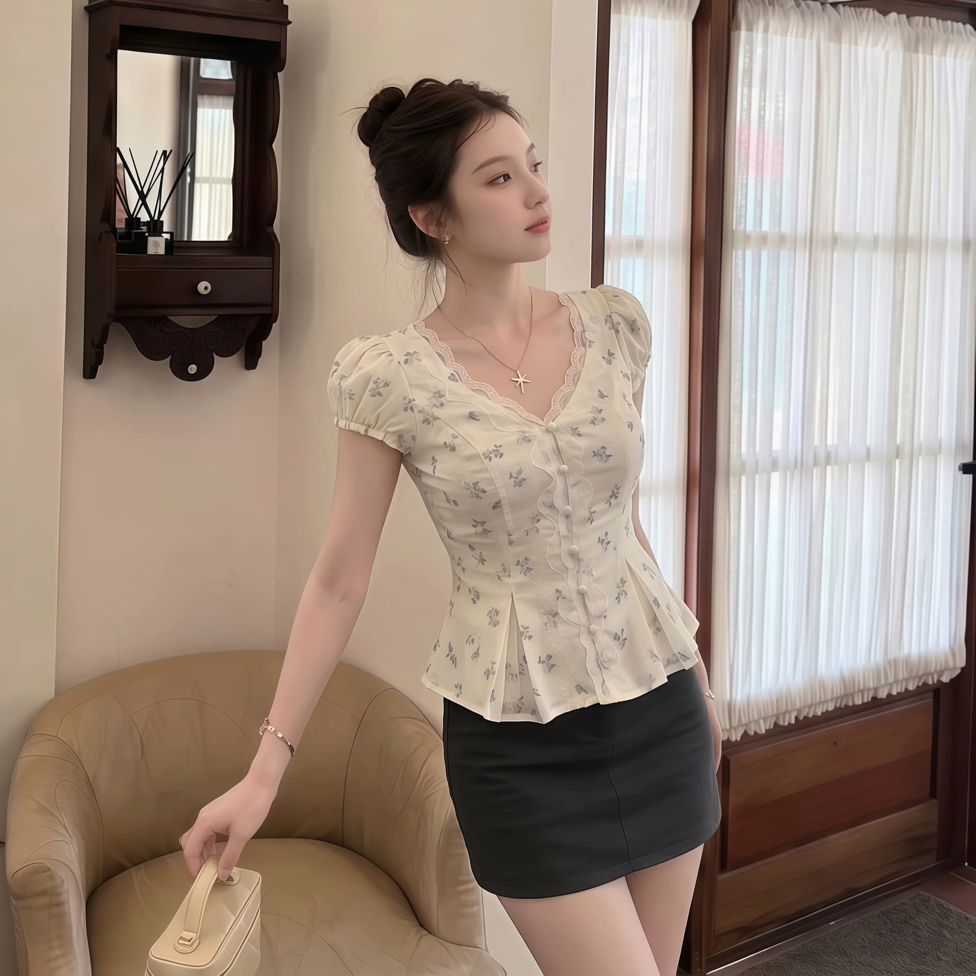 프랑스식 달콤한 스타일 거품 소매 V넥 꽃무늬 여성 셔츠 레이스업 허리 수축 슬림해 보이는 맨위 여름 2026 년 새로운 이미지 3