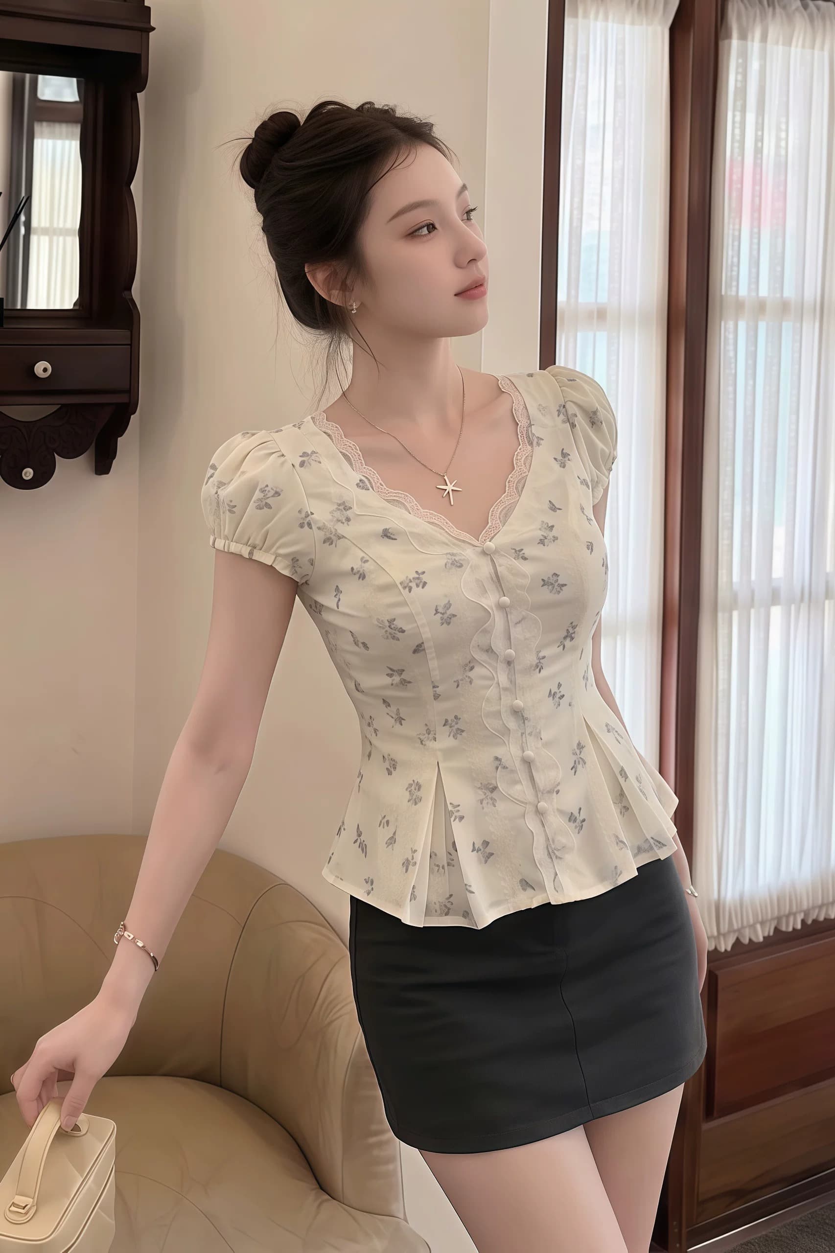 프랑스식 달콤한 스타일 거품 소매 V넥 꽃무늬 여성 셔츠 레이스업 허리 수축 슬림해 보이는 맨위 여름 2026 년 새로운 이미지 6