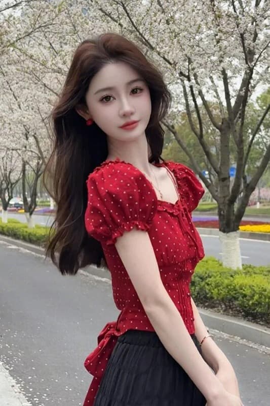 빨간색 도트 무늬 광장 칼라 버블 반팔 티셔츠 여성 여름 아름다운 순수한 욕망 달콤한 매운맛 바람 쇼트 스타일 몸매 가꾸기 작은 셔츠 맨위 이미지 6