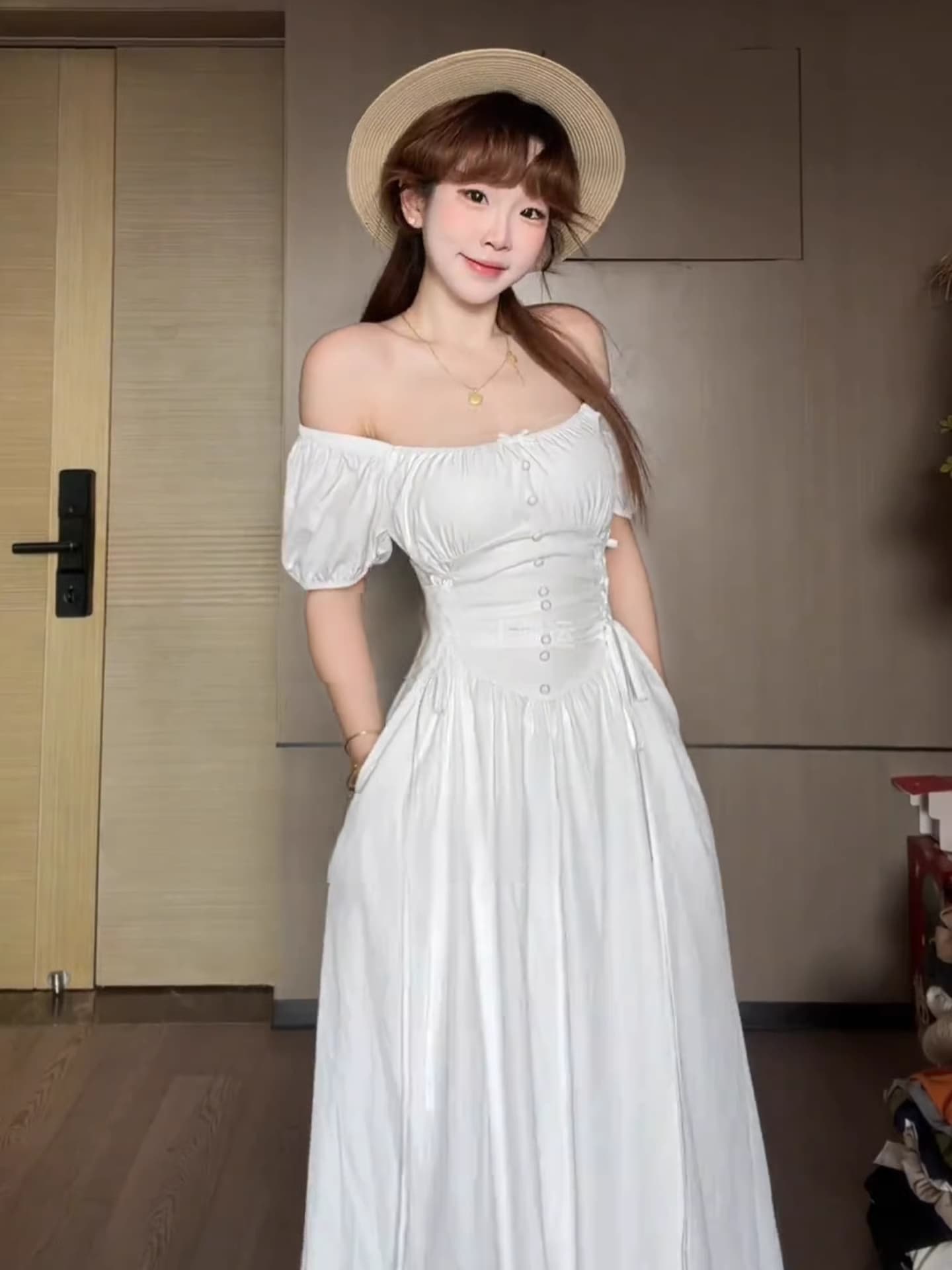 프랑스식 부드러운 바람 고급 센스 십자가 레이스업 화이트 드레스 아이들 여름 드레스 슬림해 보이는 허리 수축 반팔 A라인 스커트 이미지 5