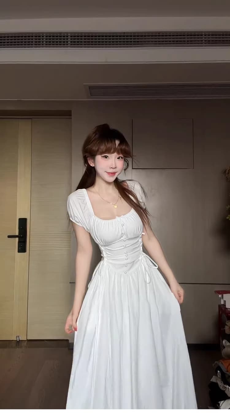 프랑스식 부드러운 바람 고급 센스 십자가 레이스업 화이트 드레스 아이들 여름 드레스 슬림해 보이는 허리 수축 반팔 A라인 스커트 상세 이미지 9