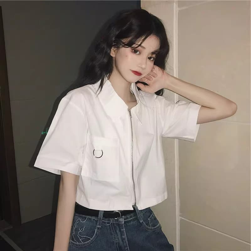 반팔 여성 셔츠 여름 울다 우아한 바람 쇼트 스타일 POLO 셔츠 티셔츠 여성 디자인 센스 작은 대중 학생 오픈 가디건 맨위 ins