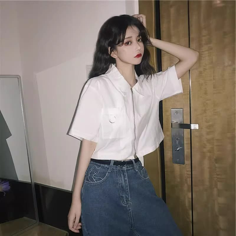 반팔 여성 셔츠 여름 울다 우아한 바람 쇼트 스타일 POLO 셔츠 티셔츠 여성 디자인 센스 작은 대중 학생 오픈 가디건 맨위 ins 상세 이미지 3