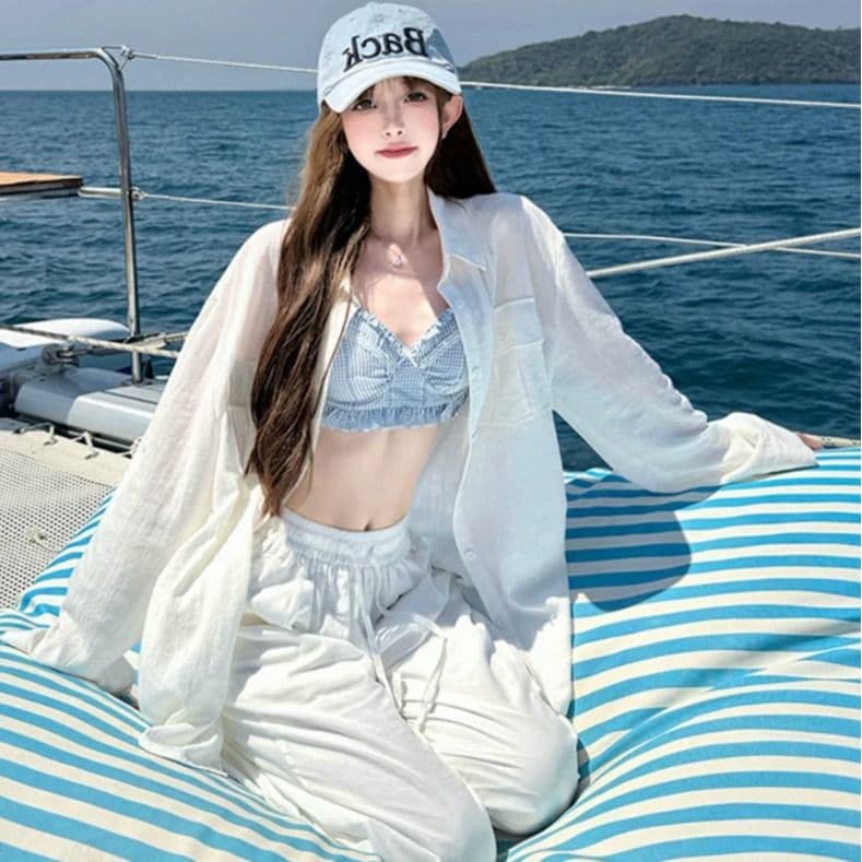 오래된 돈 바람 느슨함 센스 모방 아마 화이트 셔츠 맨위 여성 프랑스식 익스트림 제인 주간 실크 마이크로 ~을 통해 얇고 가벼운 자외선 차단 재킷 이미지 4
