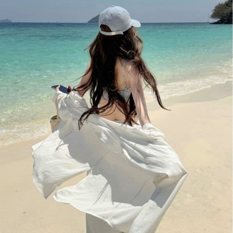 오래된 돈 바람 느슨함 센스 모방 아마 화이트 셔츠 맨위 여성 프랑스식 익스트림 제인 주간 실크 마이크로 ~을 통해 얇고 가벼운 자외선 차단 재킷 이미지 2