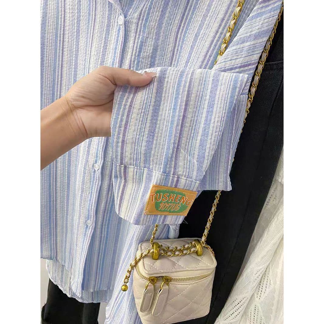 스트라이프 POLO 칼라 긴팔 셔츠 여성 의류 여름 면 린넨 얇은 스타일 루즈핏 자외선 차단 셔츠 느긋한 여유롭게 맨위 이미지 4