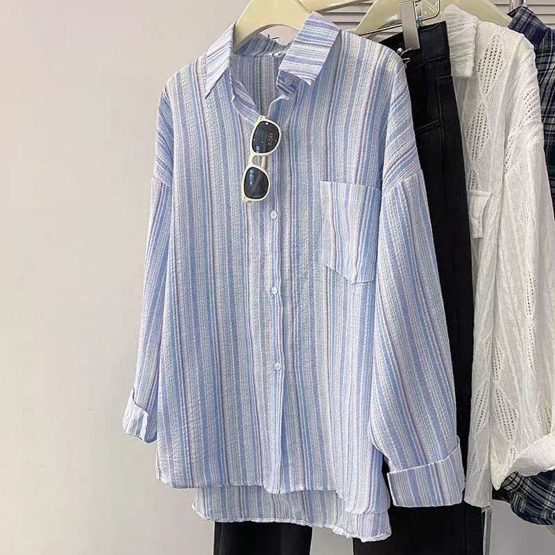 스트라이프 POLO 칼라 긴팔 셔츠 여성 의류 여름 면 린넨 얇은 스타일 루즈핏 자외선 차단 셔츠 느긋한 여유롭게 맨위 상세 이미지 9