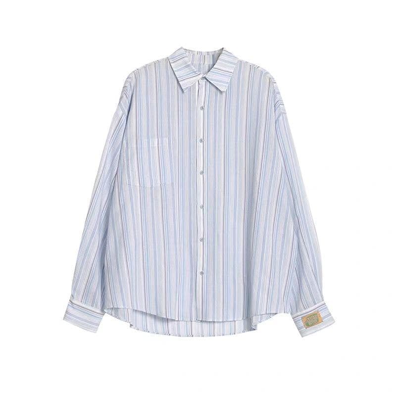 스트라이프 POLO 칼라 긴팔 셔츠 여성 의류 여름 면 린넨 얇은 스타일 루즈핏 자외선 차단 셔츠 느긋한 여유롭게 맨위 상세 이미지 12
