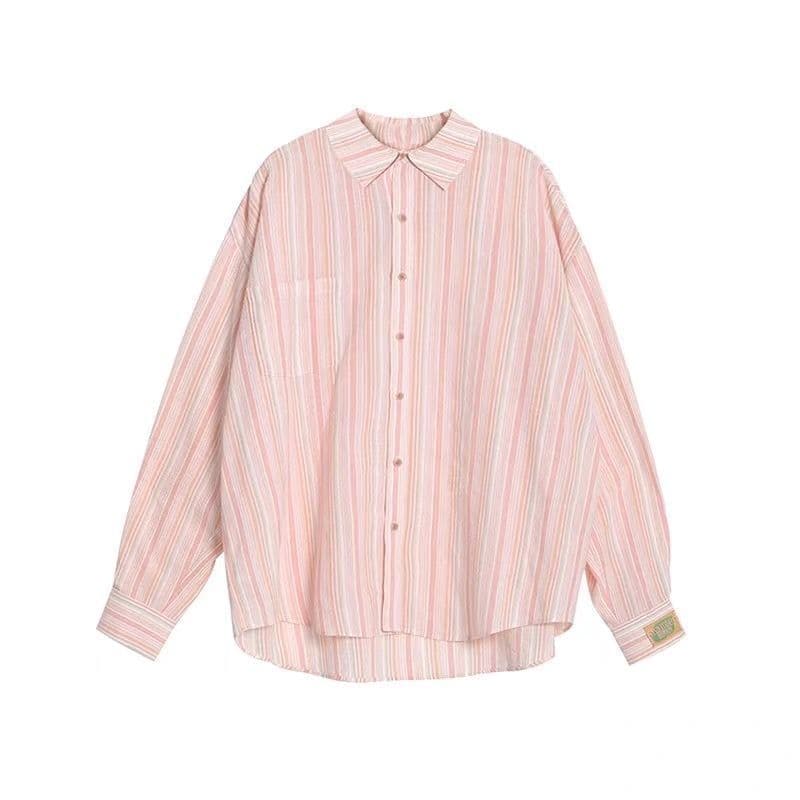스트라이프 POLO 칼라 긴팔 셔츠 여성 의류 여름 면 린넨 얇은 스타일 루즈핏 자외선 차단 셔츠 느긋한 여유롭게 맨위 상세 이미지 13