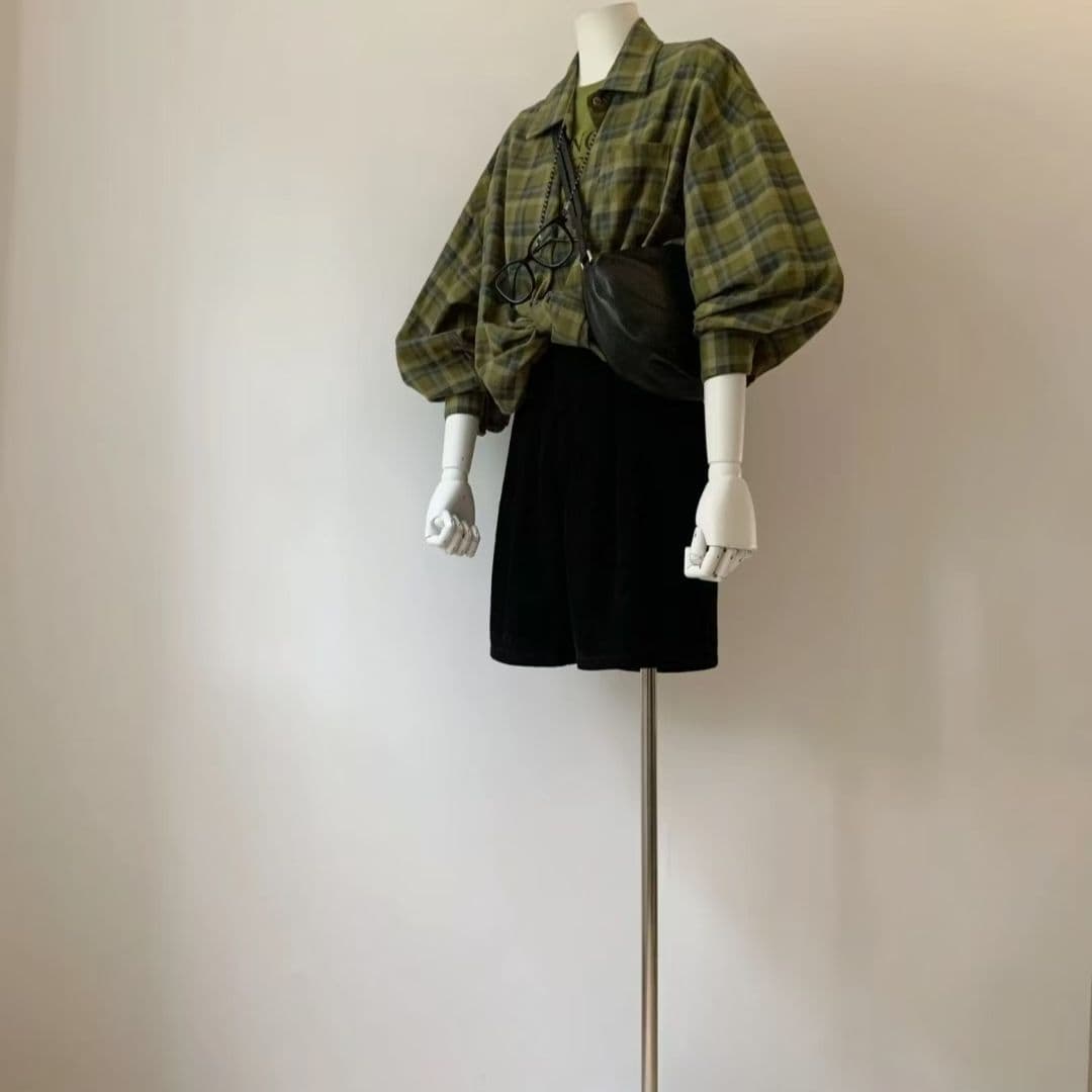 정가 항구 바람 녹색 격자 무늬 셔츠 여성 코트 봄 가을 루즈핏 bf 느긋한 바람 oversize 셔츠 이미지 2