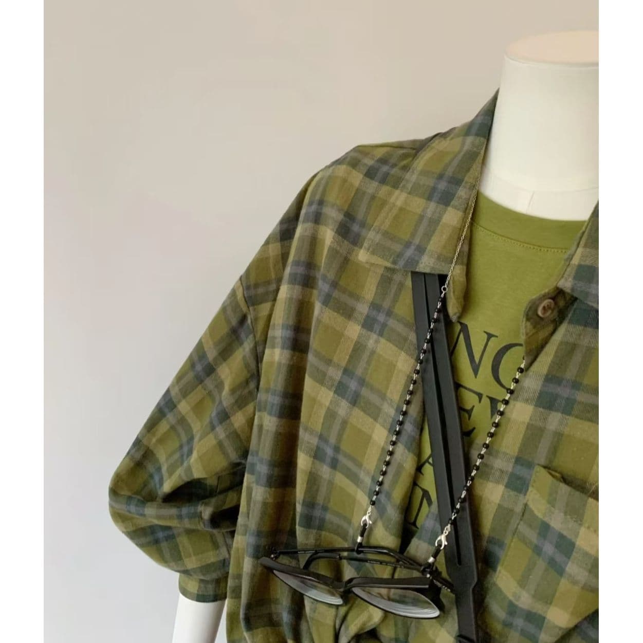 정가 항구 바람 녹색 격자 무늬 셔츠 여성 코트 봄 가을 루즈핏 bf 느긋한 바람 oversize 셔츠 이미지 4