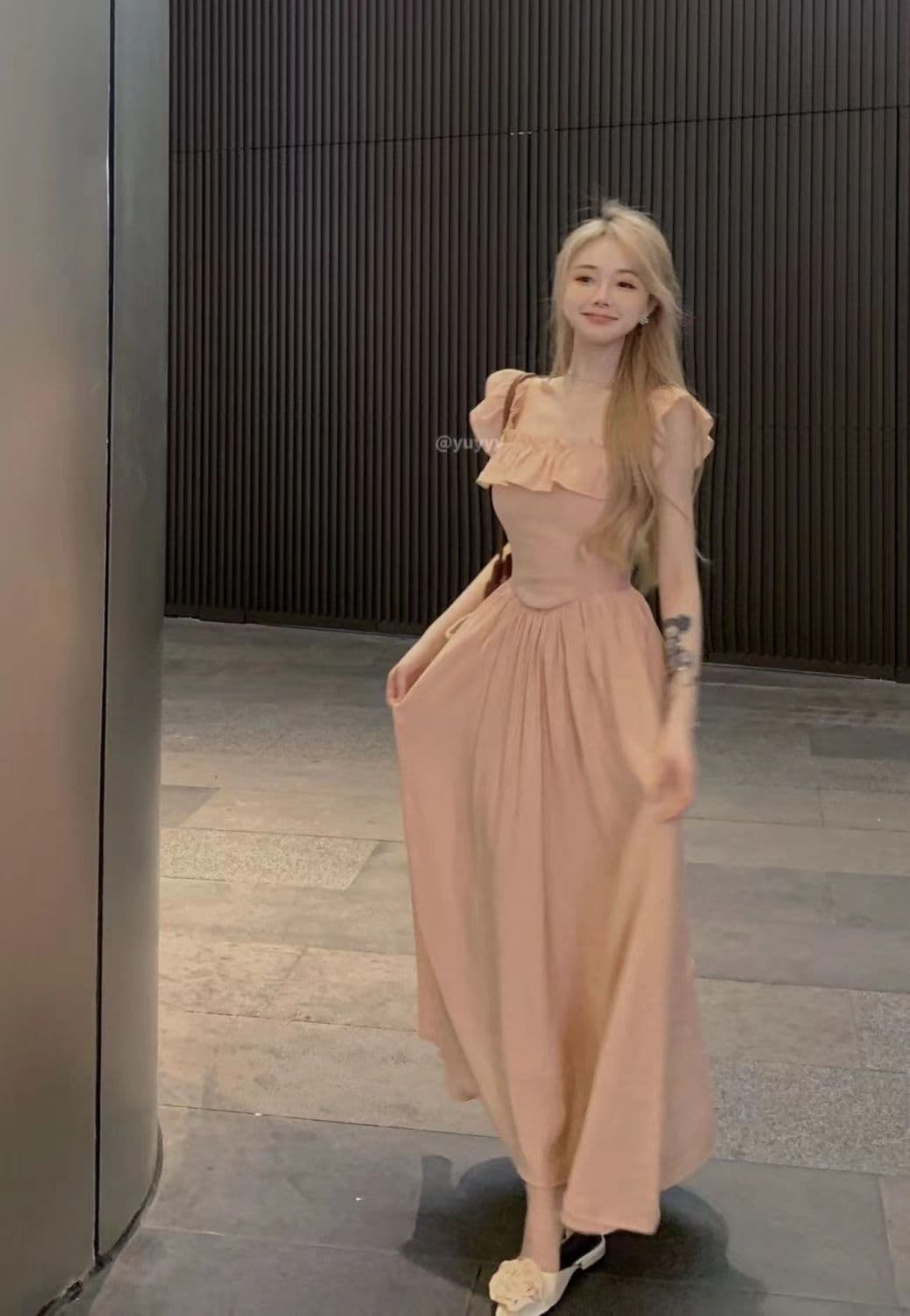 원본 것 있음 네리 핑크색 작은 날다 소매 드레스 여름 프릴 광장 칼라 롱 스커트 허리 수축 A라인 스커트 상세 이미지 5