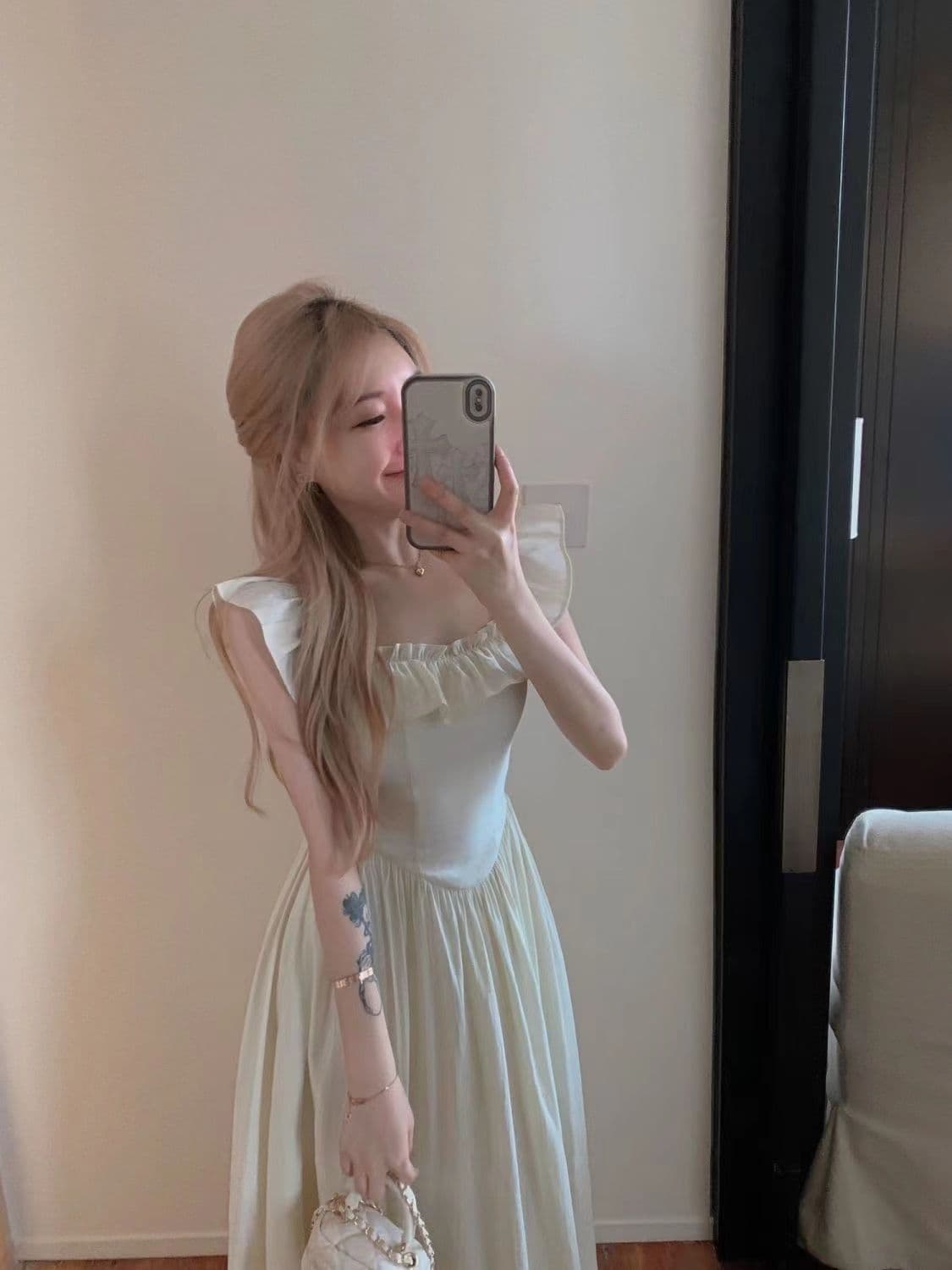 원본 것 있음 네리 핑크색 작은 날다 소매 드레스 여름 프릴 광장 칼라 롱 스커트 허리 수축 A라인 스커트 상세 이미지 17