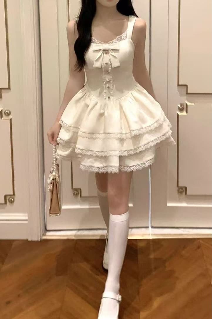 작은 키 달콤함 프랑스식 베이지 색 오픈 가디건 2026 봄 여름 화이트 퍼프 케이크 점프 슈트 조끼 스커트 투피스 세트 이미지 6