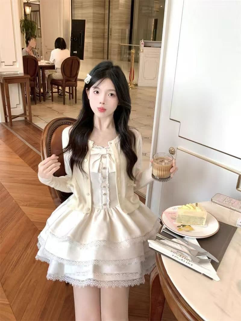 작은 키 달콤함 프랑스식 베이지 색 오픈 가디건 2026 봄 여름 화이트 퍼프 케이크 점프 슈트 조끼 스커트 투피스 세트 상세 이미지 5