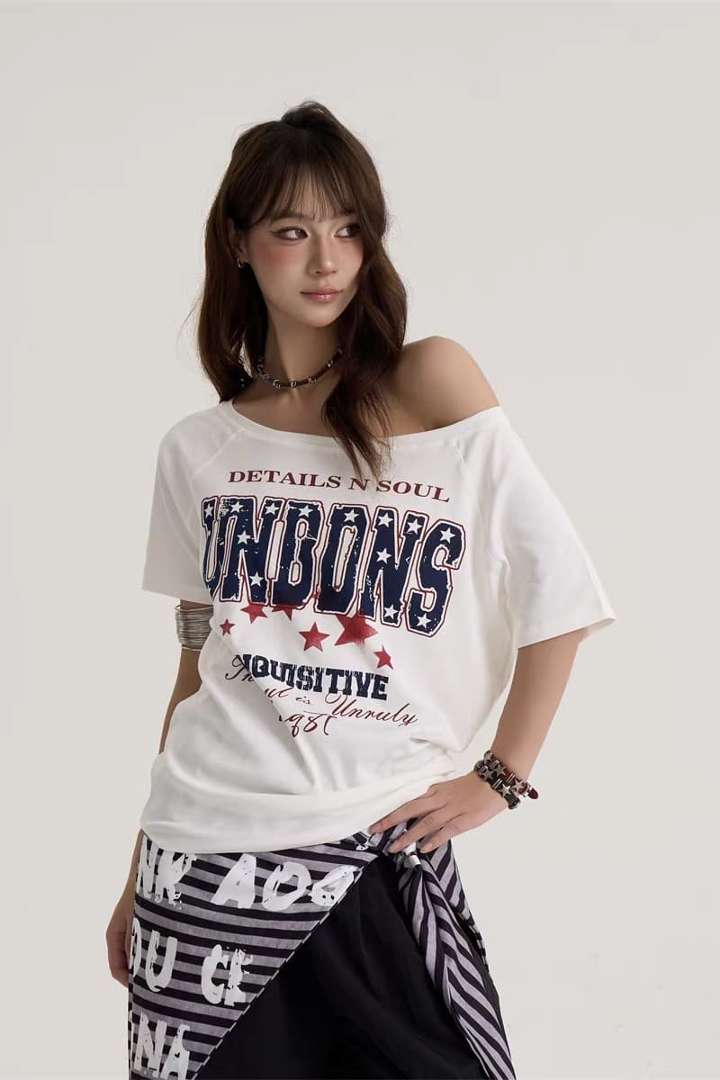 220 그램 92 면 8 암모니아 Lun 아메리칸 핫걸 비스듬한 어깨 알파벳 프린트 반팔 티셔츠 여성 이미지 5