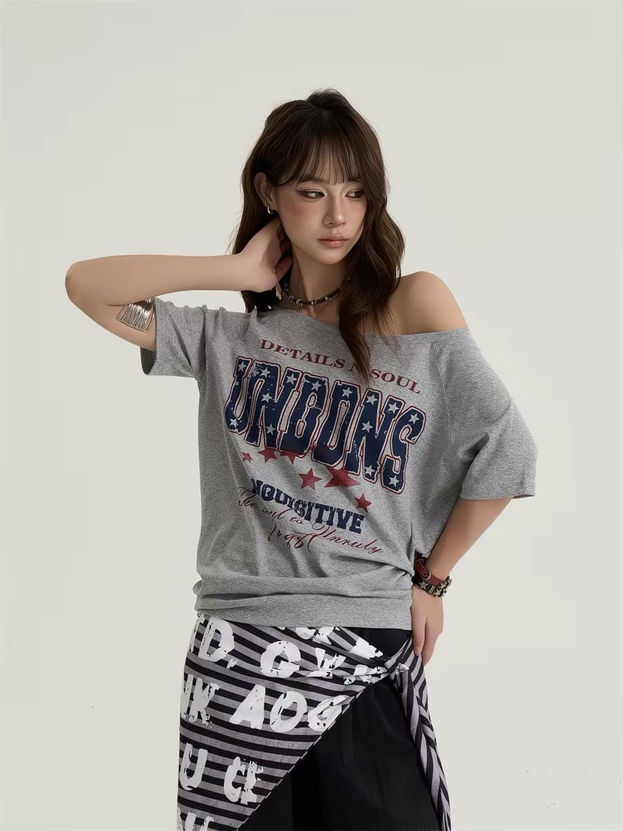 220 그램 92 면 8 암모니아 Lun 아메리칸 핫걸 비스듬한 어깨 알파벳 프린트 반팔 티셔츠 여성 상세 이미지 2