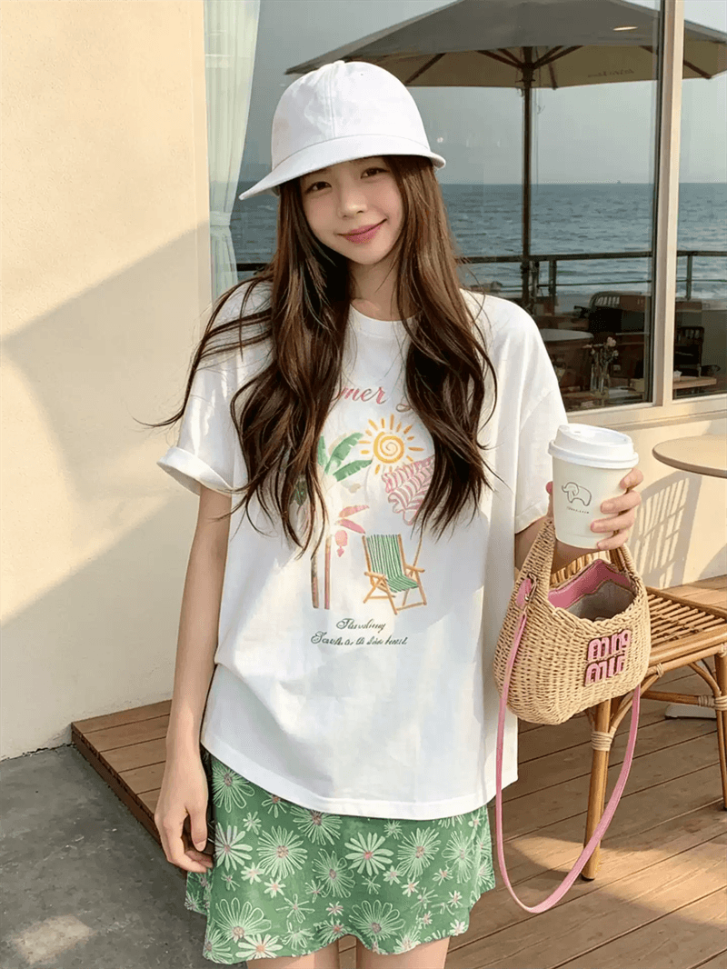 순면 이후 패키지 칼라 bm 조수 브랜드 인터넷 유명인 한국 스타일 하라주쿠 와이드 바람 소나무 맨위 캐주얼 프린트 연령 감소 반팔 티셔츠 여성 상세 이미지 2
