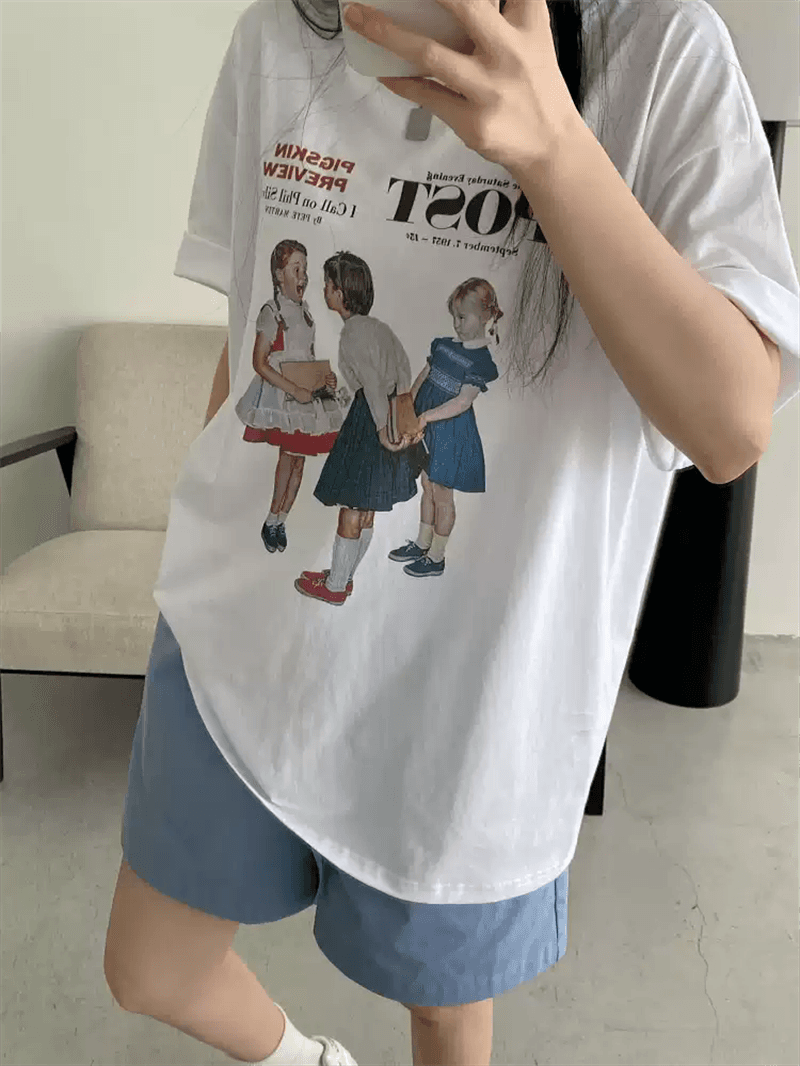 순면 이후 패키지 칼라 bm 조수 브랜드 인터넷 유명인 한국 스타일 하라주쿠 와이드 바람 소나무 맨위 캐주얼 프린트 연령 감소 반팔 티셔츠 여성 이미지 3