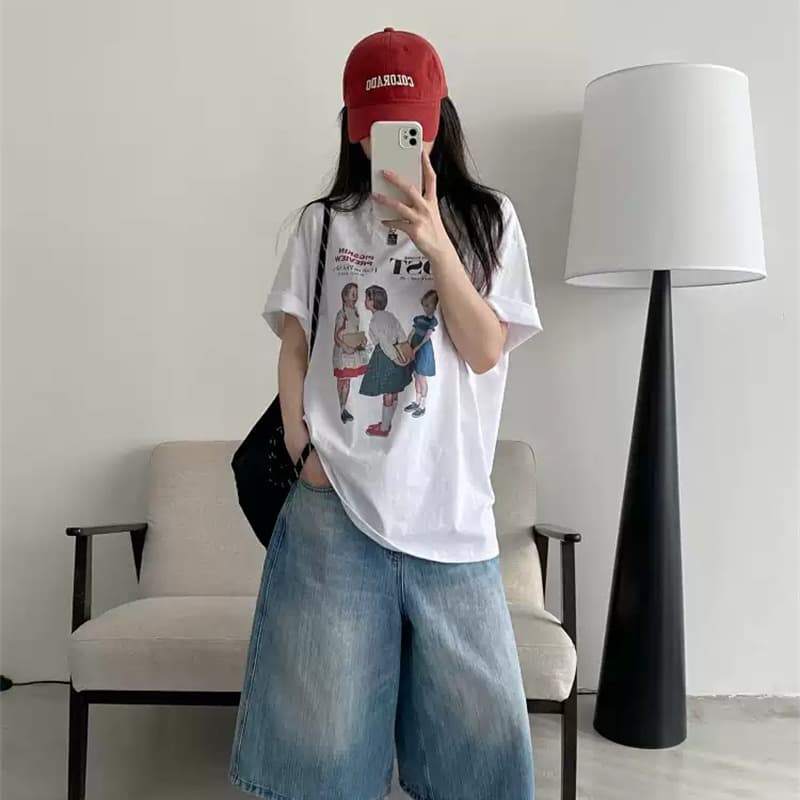 순면 이후 패키지 칼라 bm 조수 브랜드 인터넷 유명인 한국 스타일 하라주쿠 와이드 바람 소나무 맨위 캐주얼 프린트 연령 감소 반팔 티셔츠 여성 이미지 5