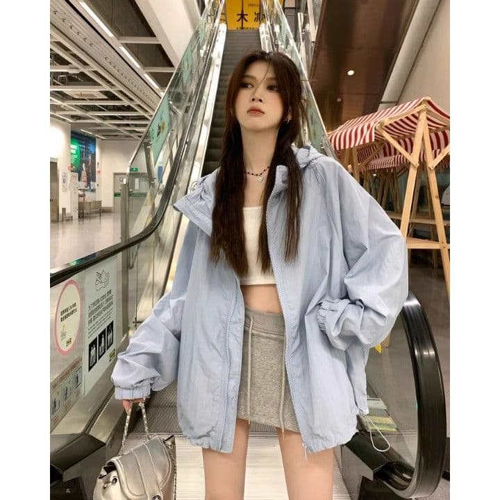 캐주얼 운동 바람 긴팔 재킷 여성 코트 여름 새로운 느긋한 루즈핏 다용도 긴팔 후드 자외선 차단 맨위 이미지 3
