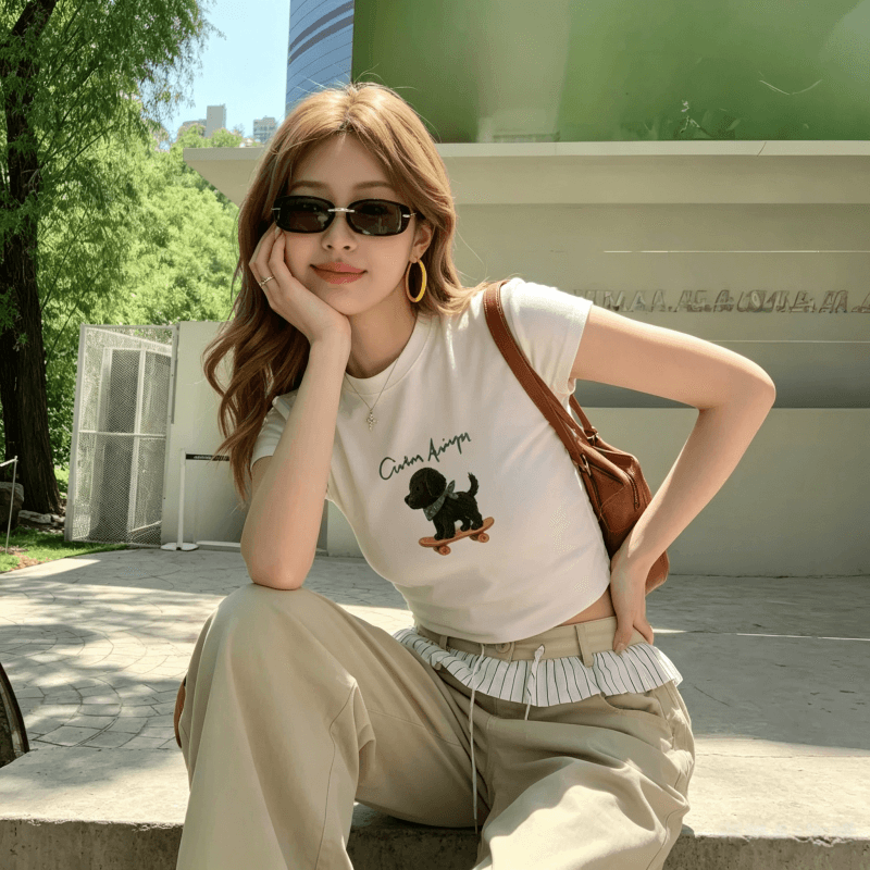 연령 감소 아메리칸 레트로 핫걸 아메리칸 프린트 ins 쇼트 스타일 티셔츠 여성 여름 반팔 작은 키 맨위 bm 이슬 뼈의 상세 이미지 9