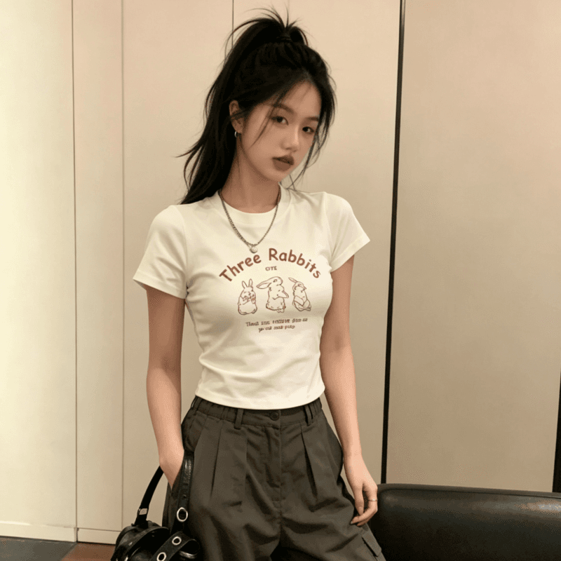 연령 감소 아메리칸 레트로 핫걸 아메리칸 프린트 ins 쇼트 스타일 티셔츠 여성 여름 반팔 작은 키 맨위 bm 이슬 뼈의