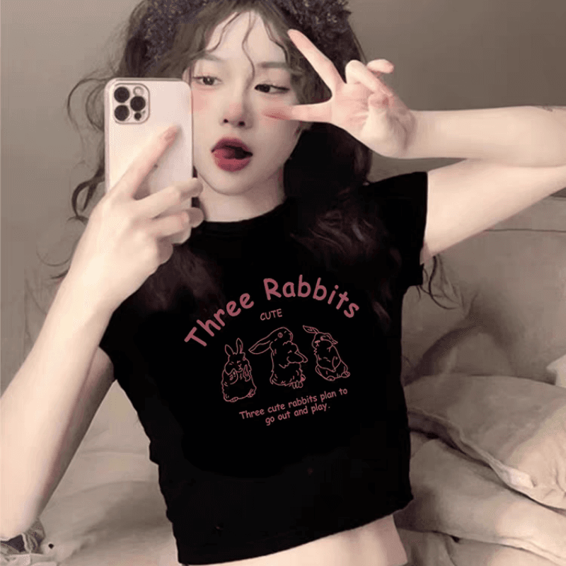 연령 감소 아메리칸 레트로 핫걸 아메리칸 프린트 ins 쇼트 스타일 티셔츠 여성 여름 반팔 작은 키 맨위 bm 이슬 뼈의 이미지 2