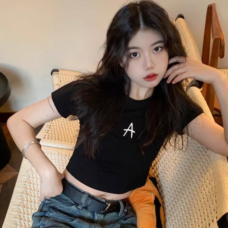 연령 감소 아메리칸 레트로 핫걸 아메리칸 프린트 ins 쇼트 스타일 티셔츠 여성 여름 반팔 작은 키 맨위 bm 이슬 뼈의 이미지 2