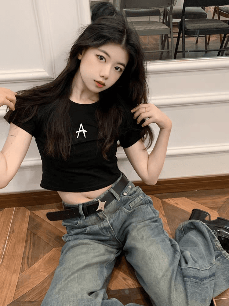 연령 감소 아메리칸 레트로 핫걸 아메리칸 프린트 ins 쇼트 스타일 티셔츠 여성 여름 반팔 작은 키 맨위 bm 이슬 뼈의 상세 이미지 7
