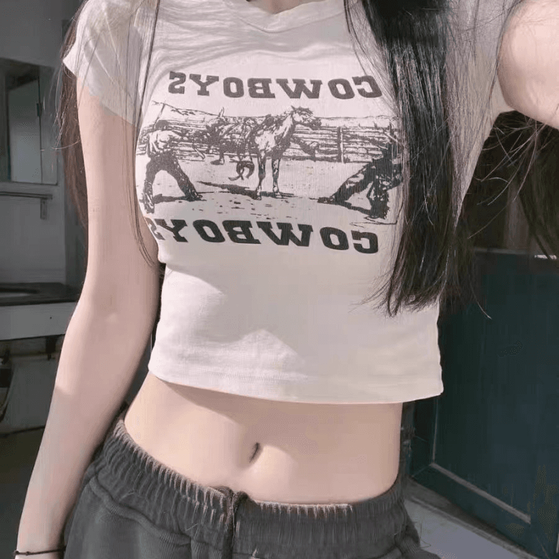 연령 감소 아메리칸 레트로 핫걸 아메리칸 프린트 ins 쇼트 스타일 티셔츠 여성 여름 반팔 작은 키 맨위 bm 이슬 뼈의