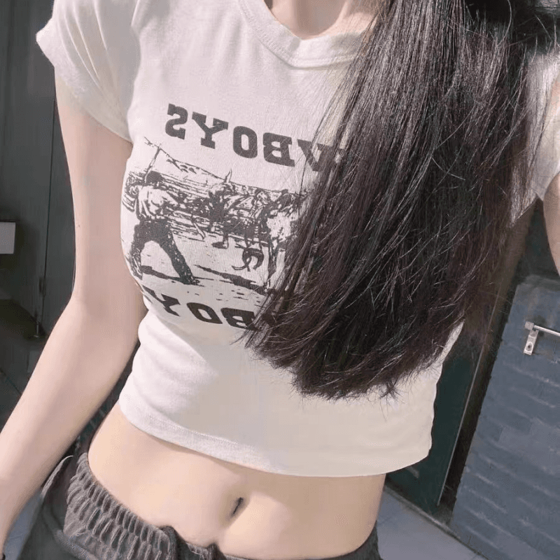 연령 감소 아메리칸 레트로 핫걸 아메리칸 프린트 ins 쇼트 스타일 티셔츠 여성 여름 반팔 작은 키 맨위 bm 이슬 뼈의 이미지 3