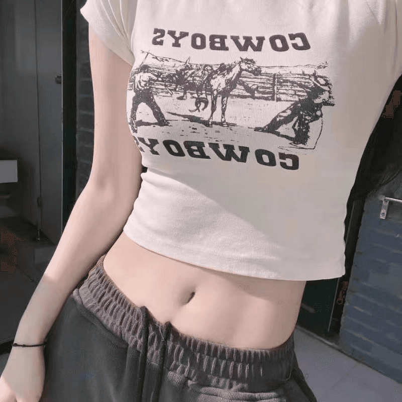 연령 감소 아메리칸 레트로 핫걸 아메리칸 프린트 ins 쇼트 스타일 티셔츠 여성 여름 반팔 작은 키 맨위 bm 이슬 뼈의 이미지 2