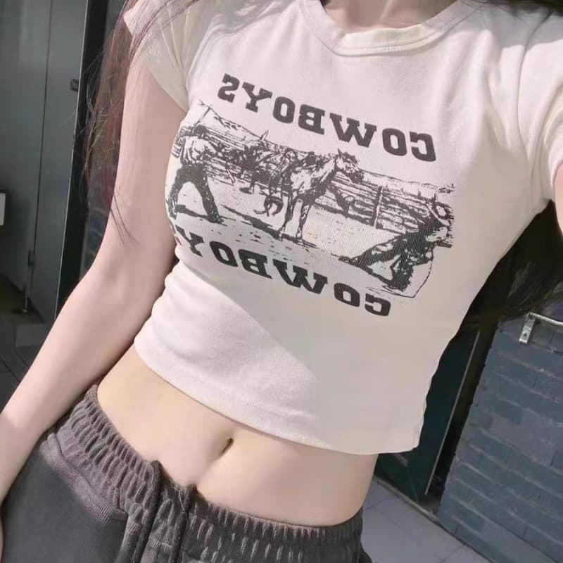 연령 감소 아메리칸 레트로 핫걸 아메리칸 프린트 ins 쇼트 스타일 티셔츠 여성 여름 반팔 작은 키 맨위 bm 이슬 뼈의 이미지 5