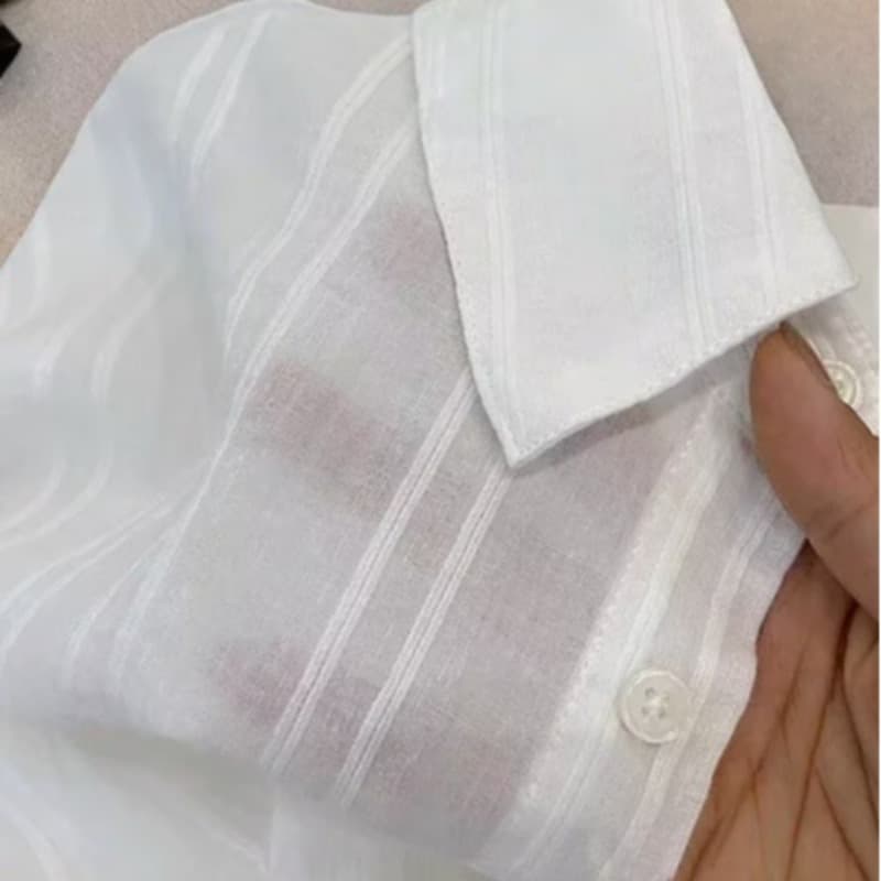 봄 출퇴근 바람 화이트 자카드 긴팔 여성 셔츠 루즈핏 고급 센스 자외선 차단 셔츠 단색 맨위 이미지 5