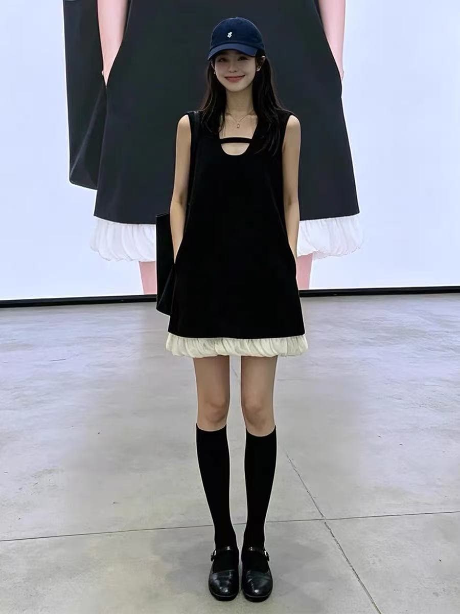 검정색 고급 센스 miu 부서 천 금빛 바람 꽃밭 치마 2026 새로운 작은 키 민소매 드레스 아이들 여름 이미지 2