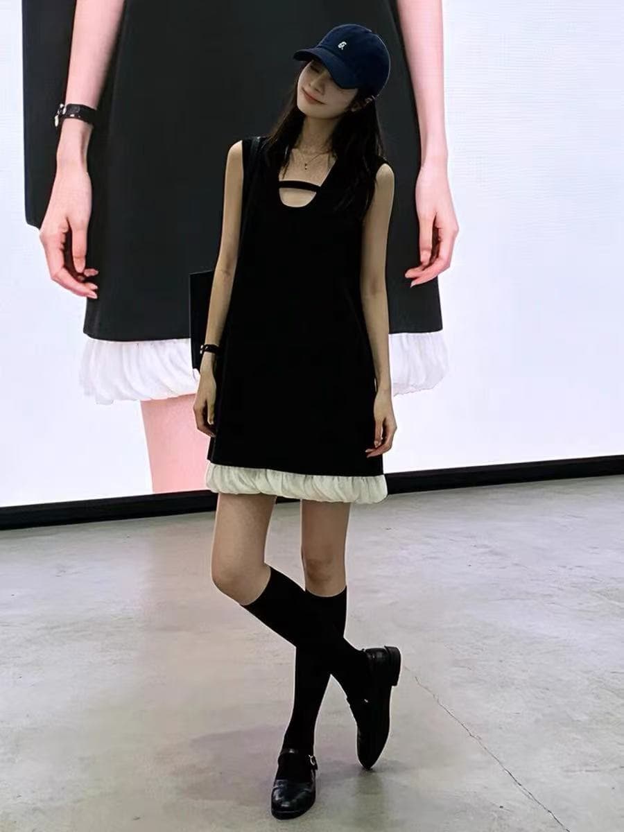 검정색 고급 센스 miu 부서 천 금빛 바람 꽃밭 치마 2026 새로운 작은 키 민소매 드레스 아이들 여름 이미지 3