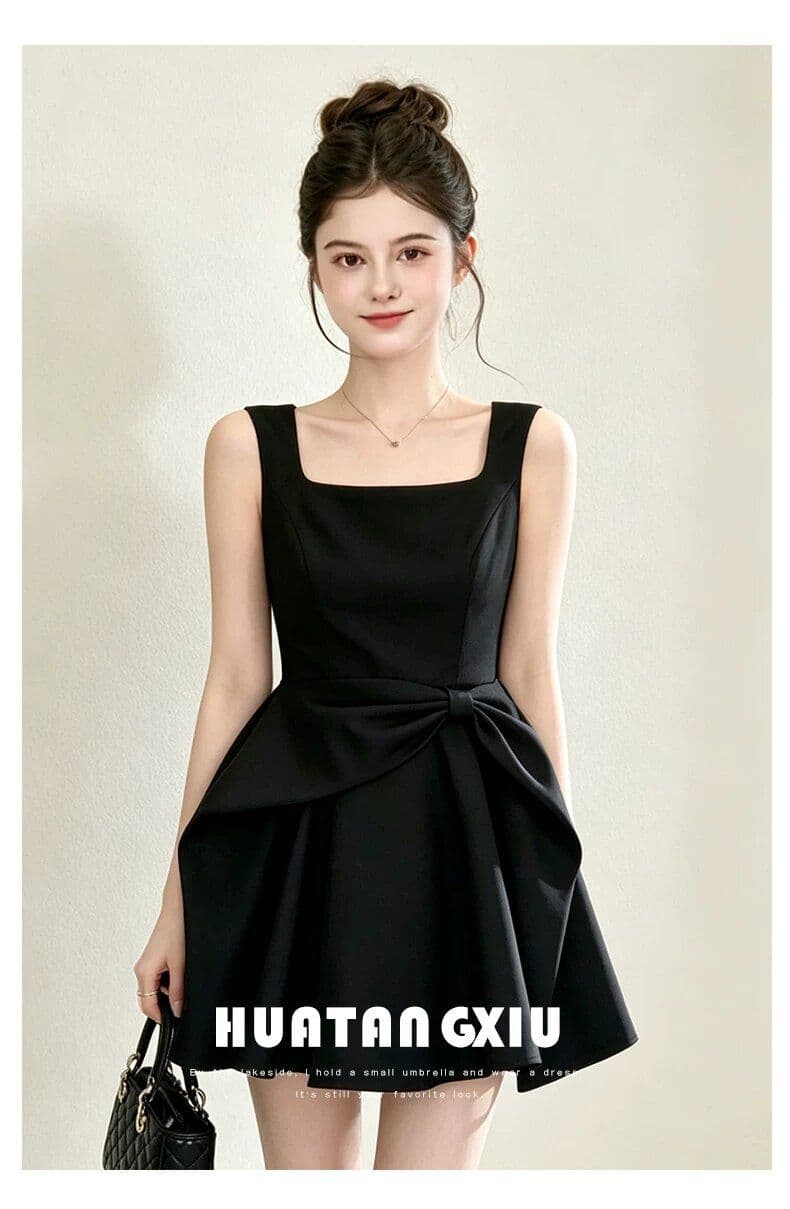 프랑스식 레트로 품격 고급 센스 그는 벤 바람 검정색 슬립 드레스 나비 매듭 꼬집기 허리 퍼프 생일 치마 상세 이미지 5