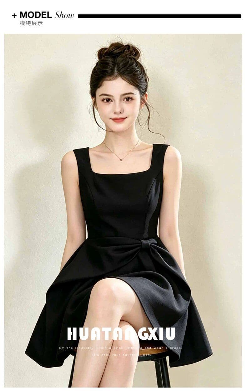 프랑스식 레트로 품격 고급 센스 그는 벤 바람 검정색 슬립 드레스 나비 매듭 꼬집기 허리 퍼프 생일 치마 상세 이미지 7