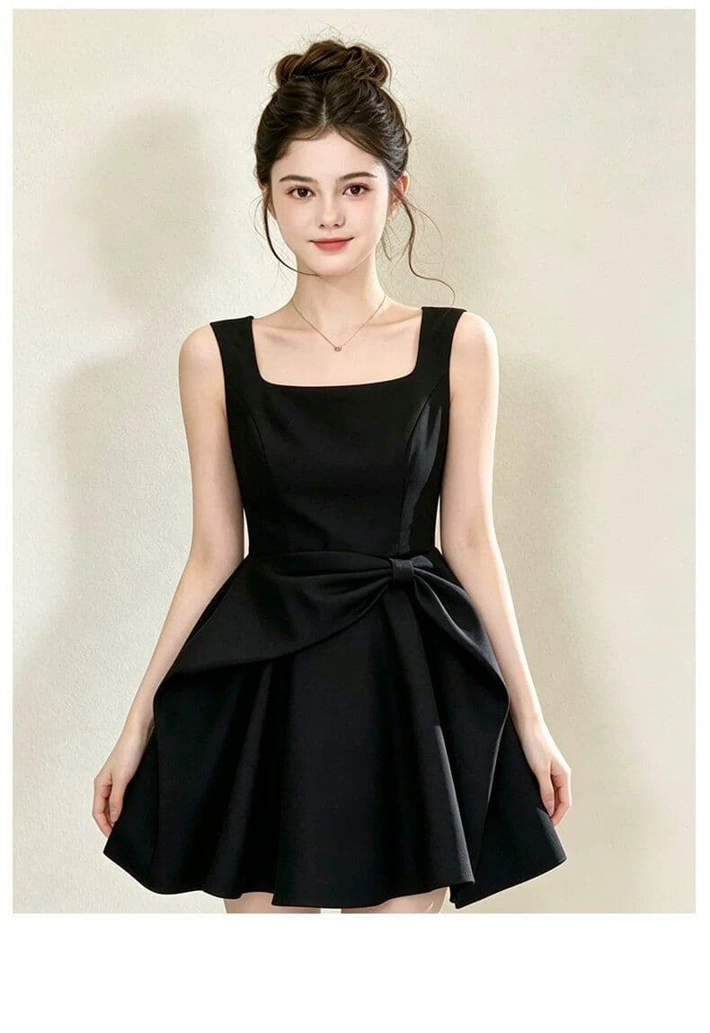 프랑스식 레트로 품격 고급 센스 그는 벤 바람 검정색 슬립 드레스 나비 매듭 꼬집기 허리 퍼프 생일 치마 상세 이미지 8