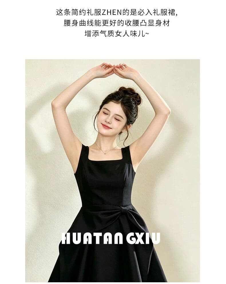 프랑스식 레트로 품격 고급 센스 그는 벤 바람 검정색 슬립 드레스 나비 매듭 꼬집기 허리 퍼프 생일 치마 상세 이미지 12