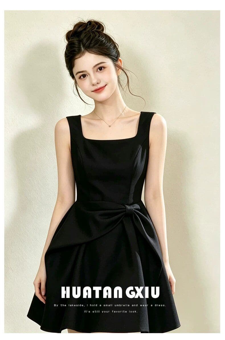 프랑스식 레트로 품격 고급 센스 그는 벤 바람 검정색 슬립 드레스 나비 매듭 꼬집기 허리 퍼프 생일 치마 상세 이미지 13