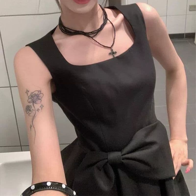 원본 것 그는 벤 천 금빛 바람 검정색 나비 매듭 드레스 여름 허리 수축 슬림해 보이는 품격 한 마디 조끼 미니 스커트 이미지 2