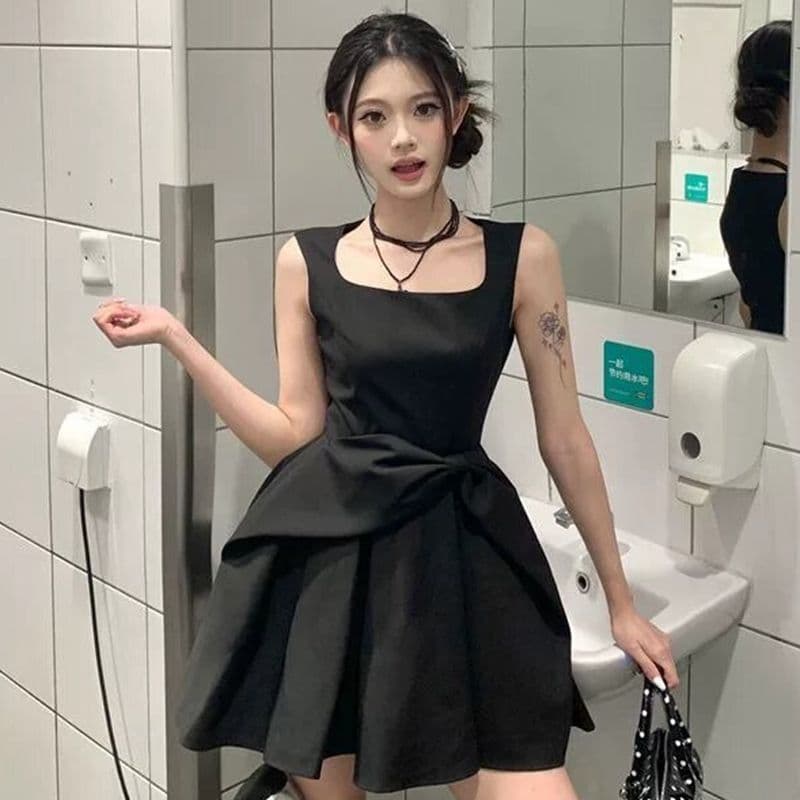 원본 것 그는 벤 천 금빛 바람 검정색 나비 매듭 드레스 여름 허리 수축 슬림해 보이는 품격 한 마디 조끼 미니 스커트 이미지 3