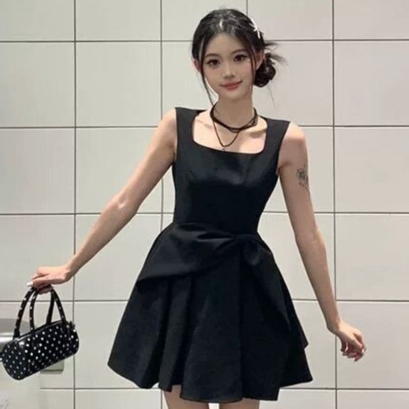원본 것 그는 벤 천 금빛 바람 검정색 나비 매듭 드레스 여름 허리 수축 슬림해 보이는 품격 한 마디 조끼 미니 스커트