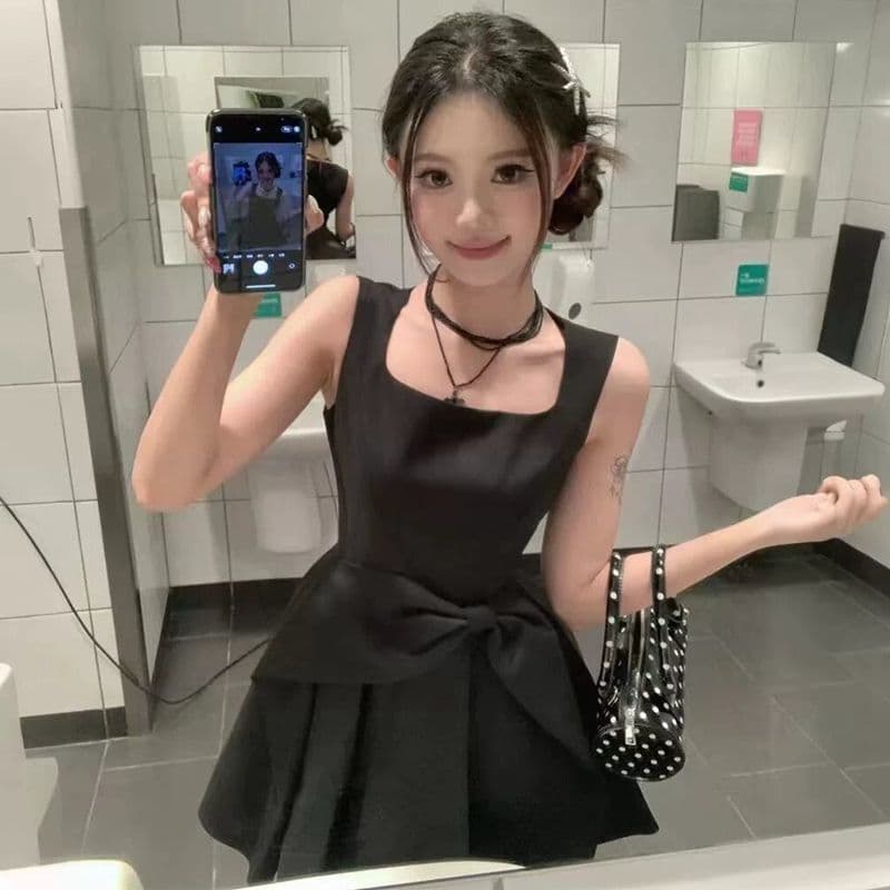 원본 것 그는 벤 천 금빛 바람 검정색 나비 매듭 드레스 여름 허리 수축 슬림해 보이는 품격 한 마디 조끼 미니 스커트 이미지 4